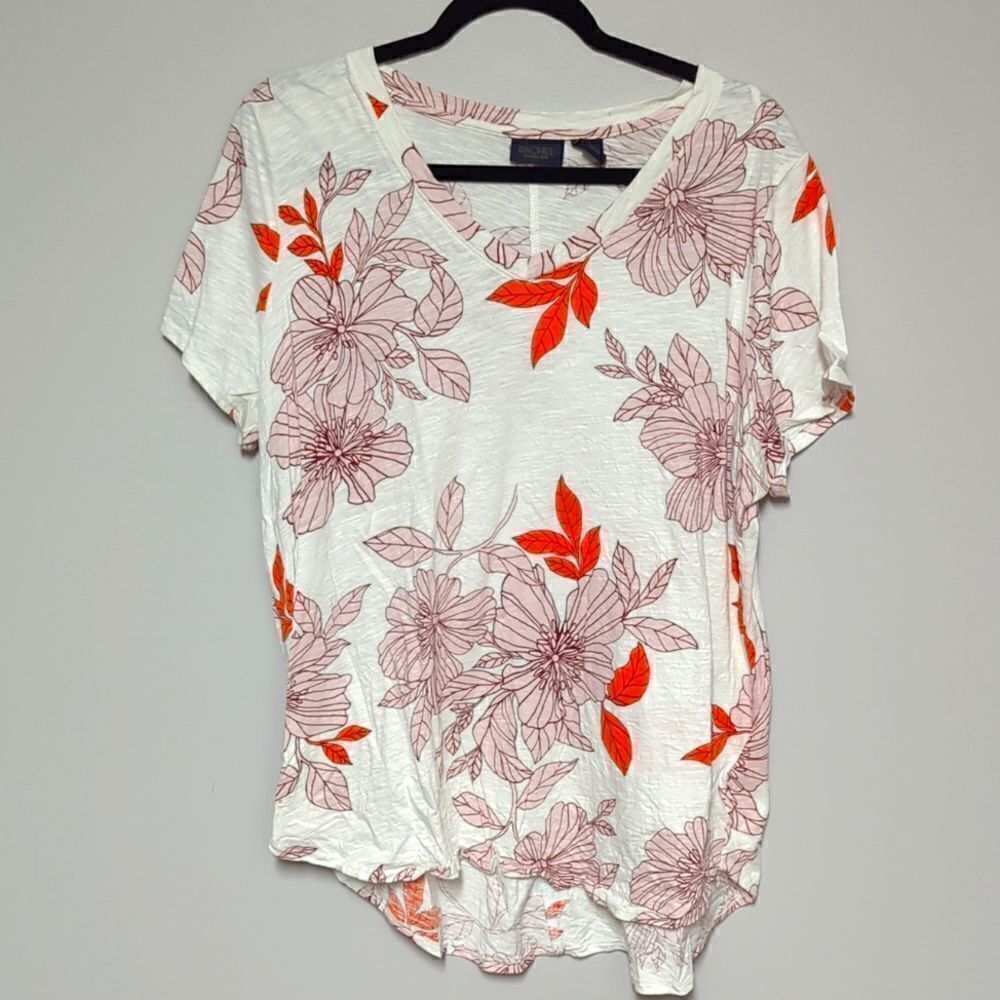 Rachel Roy White V Neck Floral Short Sleeve Shirt